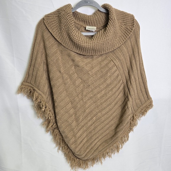 The vermont country store Sweaters - Vermont Country Store Cowl Neck Knit Poncho Shawl, Tan Beige, Missy One Size